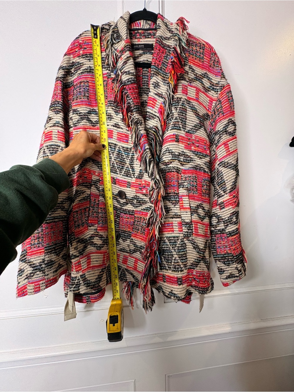 Zara Fringe Open-Front Patterned Jacket - Red & Cream - Picture 12 of 14